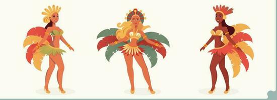 Beautiful Samba Female Dancers Character Standing In Dancing Pose. vector