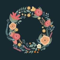 Isolated Floral Wreath or Circular Frame Against Dark Background . . vector