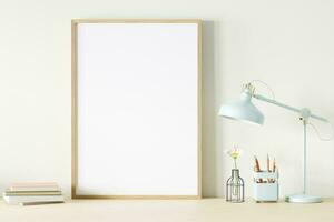 Photo frame mockup placed on the desk.3D rendering