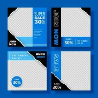 Fitness class editable social media posts banner template in black and blue, set of editable square illustrations, suitable for gym social media post and web ad vector