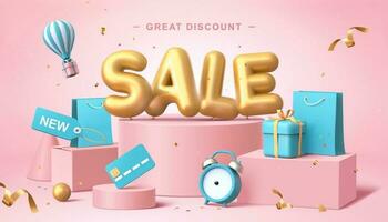 Sale poster in 3d pastel illustration, with cute balloon word on podium with some shopping related elements vector