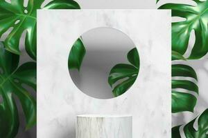 White marble stage design for product display with tropical leaves. Minimalistic stage for product display in 3d illustration vector