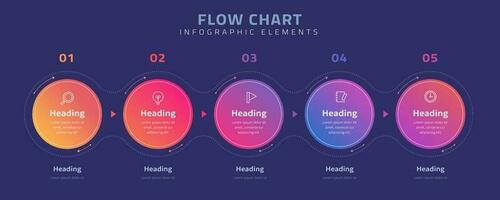 Flow chart infographic elements on blue background with five colorful banner options vector