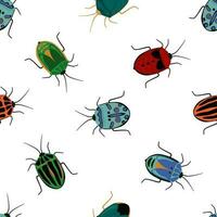 Seamless pattern with different insects, bug. Abstract beetles of different shapes and colors. Vector graphics.