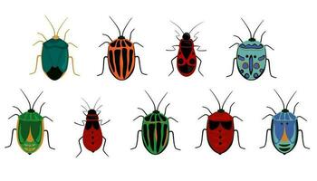 Set of beetles, insects. Bright bugs of various colors. Vector graphics.