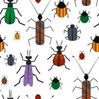 Seamless pattern with different insects. Abstract beetles of different shapes and colors. Vector graphics.