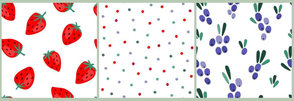 Set of seamless pattern with ripe red strawberries, blueberries and chaotic dots. Fruit natural print. Vector graphics.