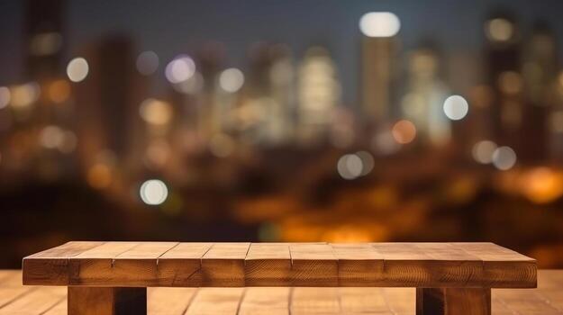 Empty wooden table platform and bokeh of the city at night. photo