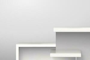 Empty white podium in 3d render. Shelves for product showcase on white background. vector