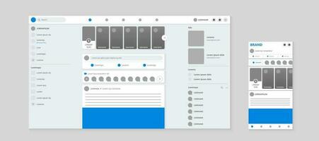 Social network website wireframe interface mockup for computer and mobile phone, RWD template vector