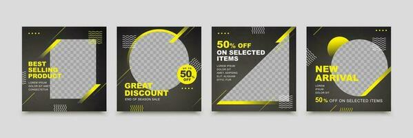 Set of social media post templates with black background color, and yellow abstract lines to create a strong image, suitable for social media post template and promotions vector