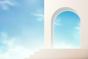 Stairs with arch wall against sky background. Empty podium for product display in 3d illustration. vector