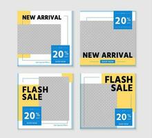 New arrival and flash sale discount template set illustrations. Promotion square web banner for social media mobile apps. Editable mockup with abstract shape. Digital banner and poster. vector