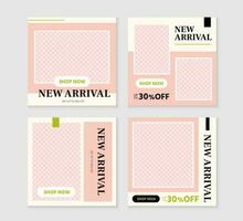 New arrival discount post template illustrations. Promotion square web banner for social media mobile apps. Editable mockup with abstract shape. Digital banner and poster. vector