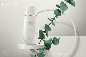 Hydration cosmetic cream on a white stage with plant in 3d illustration. Beauty cream ads template. vector