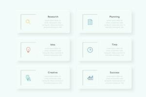 Minimal infographic template design with six  linear icons and text boxes, suitable for business presentation or webpage vector
