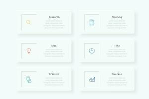 Minimal infographic template design with six  linear icons and text boxes, suitable for business presentation or webpage vector