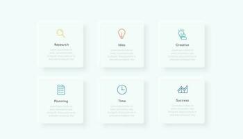 Minimal infographic template design with six icons and text boxes, suitable for professional website and business presentation vector