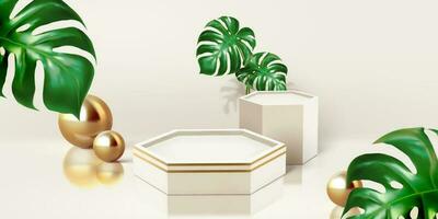 Hexagon podiums with leaves and pearls for displaying products in 3d illustration vector