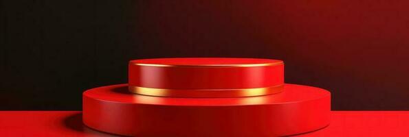 Red modern style one podium product showcase with golden ring frame Japanese style pattern background. A luxury stage for product advertising. photo