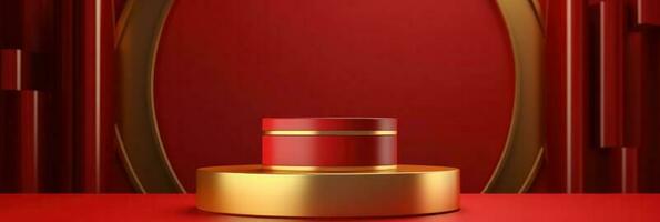 Red modern style one podium product showcase with golden ring frame Japanese style pattern background. A luxury stage for product advertising. photo