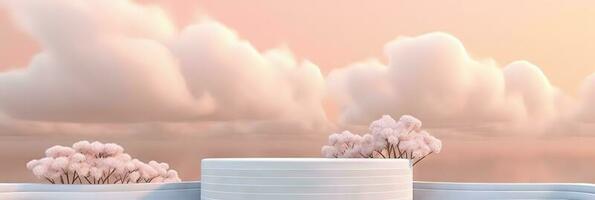 Surreal podium outdoor on blue sky pink gold pastel soft clouds with space. 3d blender composition. Minimalistic showcase from stage and cloud on a blue-pink pastel background photo