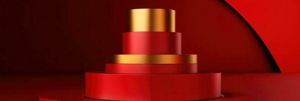 Red modern style one podium product showcase with golden ring frame Japanese style pattern background. A luxury stage for product advertising. photo