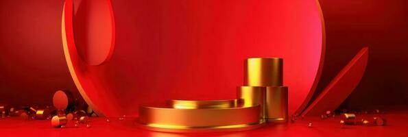 Red modern style one podium product showcase with golden ring frame Japanese style pattern background. A luxury stage for product advertising. photo