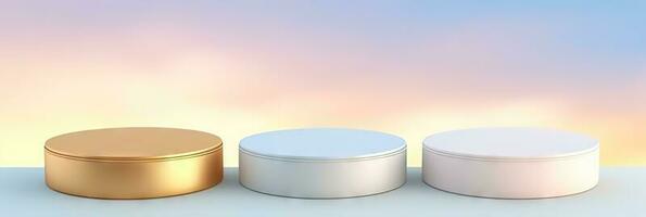 Surreal podium outdoor on blue sky pink gold pastel soft clouds with space. 3d blender composition. Minimalistic showcase from stage and cloud on a blue-pink pastel background photo
