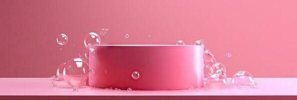 Podium or platform for product presentation against pink walls with soap bubbles around. Abstract background on pink background. Template product stand. photo