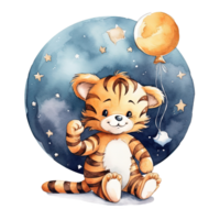 Cute baby tiger watercolor. Good night. Illustration png