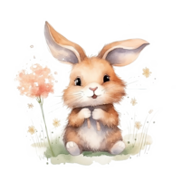 Rabbit blowing dandelion watercolor. Illustration png