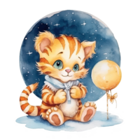 Cute baby tiger watercolor. Good night. Illustration png