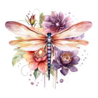 Watercolor dragonfly botanical illustration. Illustration png
