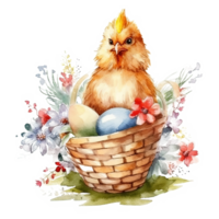 Watercolor chicken with eggs. Illustration png