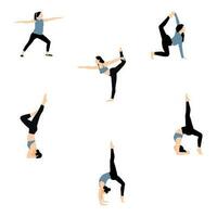 Set of yoga poses. The girl does asanas, gymnastics. Active activity for health, flexibility, balance. Vector graphics.