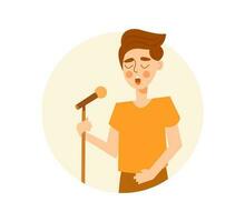 Young guy singing song with microphone. Cute flat cartoon vector character isolated on white background. Concept of hobby or occupation