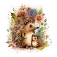 Cute little hedgehog with mom. Watercolor painting cutout. png