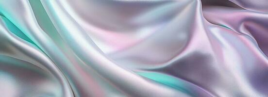 Silk shiny white fabric texture banner in pastel iridescent holographic colors. Abstract texture horizontal copy space background. 3d render. photo