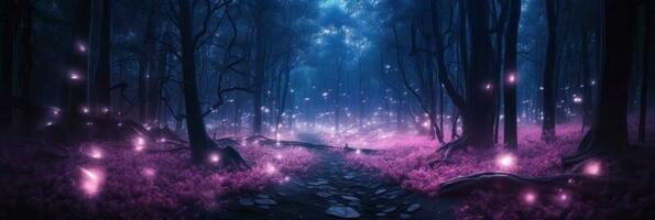 Dark blue fantasy forest fairytale with abstract fireflies bokeh background. 3d rendered composition. photo