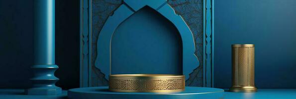 3D render Islamic decoration, Iftar, Eid, lanterns, cannonballs, text space and podium with gold inserts. Ramadan style composition. photo