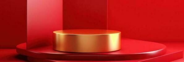 Red modern style one podium product showcase with golden ring frame Japanese style pattern background. A luxury stage for product advertising. photo