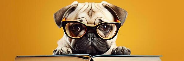 Funny dog in glasses. concept banner on the theme of education. Cute pug on yellow background. photo