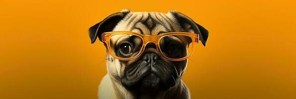 Funny dog in glasses. concept banner on the theme of education. Cute pug on yellow background. photo