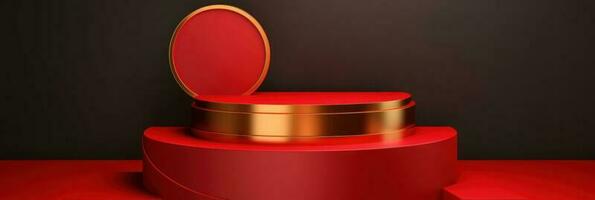 Red modern style one podium product showcase with golden ring frame Japanese style pattern background. A luxury stage for product advertising. photo