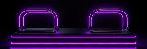 A neon podium on a black background. Podium for promotion brand. Empty stage for product presentation or fashion show performance, pedestal in nightclub dance floor glowing in darkness. photo