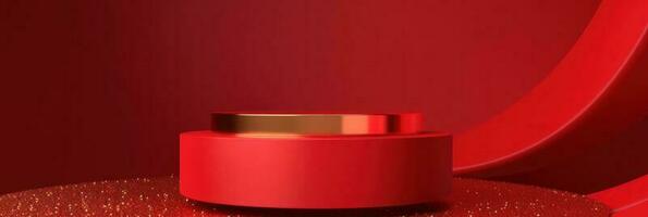 Red modern style one podium product showcase with golden ring frame Japanese style pattern background. A luxury stage for product advertising. photo
