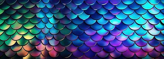 Holographic metal creative background with geometric pattern. Ultra violet neon light holographic trendy mermaid texture banner. Stylized snake or fish or mermaid scales. photo