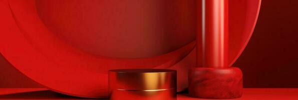 Red modern style one podium product showcase with golden ring frame Japanese style pattern background. A luxury stage for product advertising. photo