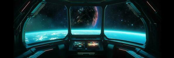 Dark spaceship interior with glowing blue and red lights. Futuristic spacecraft with large window view on planets in space and control panels. 3D rendering. photo